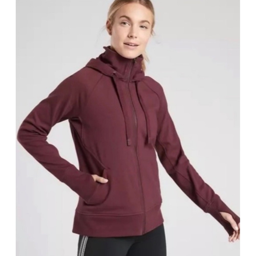 Athleta Triumph Hoodie Burgundy Maroon‎ Full Zip Sweatshirt Thumbholes Large